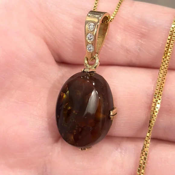 Vintage 14K Gold Fire Agate Pendant with Diamond Accents - Picture 1 of 10